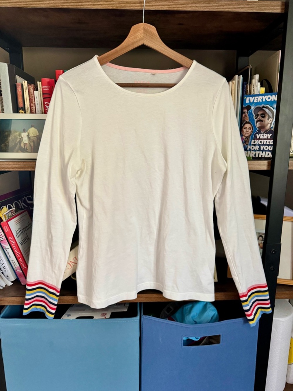 Boden White Tee with Striped Cuffs